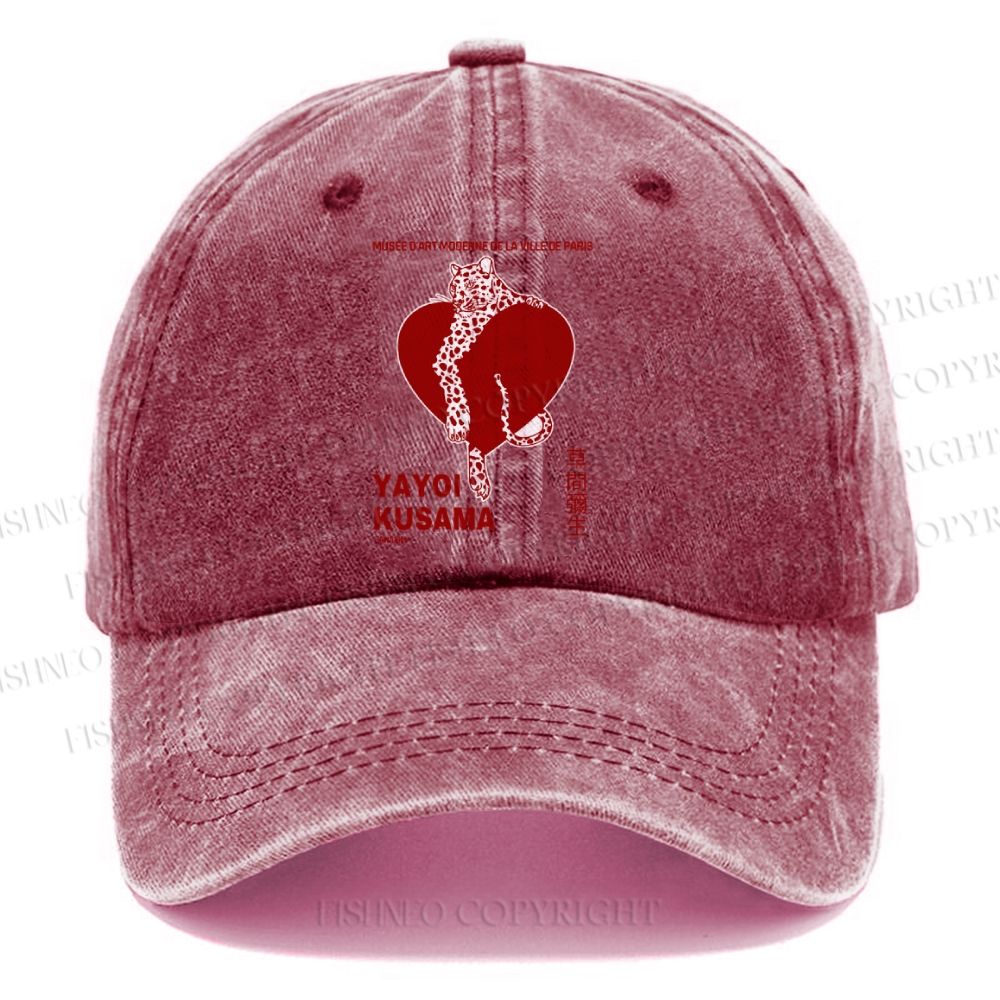 Unisex Vintage Casual Yayoi Kusama Panther With Heart Washed Cap