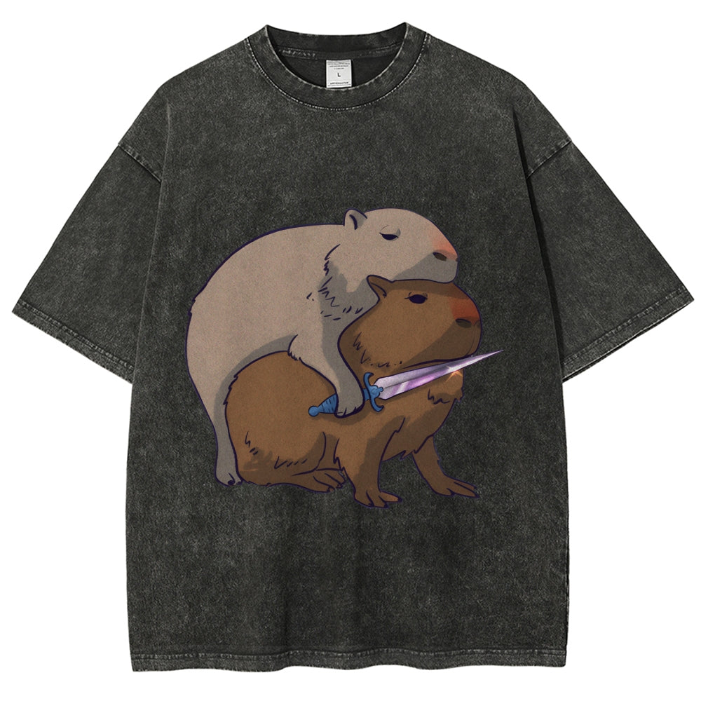 Capybaras and the Mysterious Sword Vintage Wash Japanese Design T-Shirt