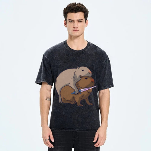 Capybaras and the Mysterious Sword Vintage Wash Japanese Design T-Shirt