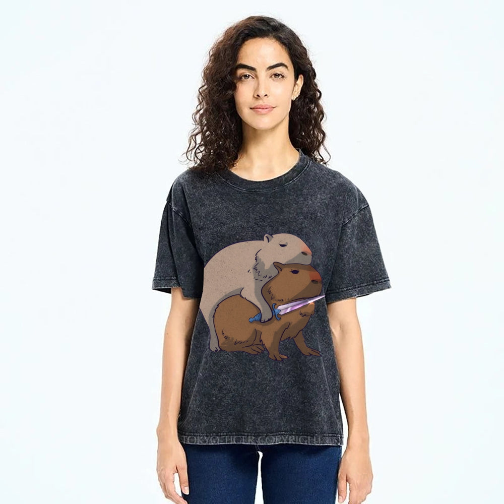Capybaras and the Mysterious Sword Vintage Wash Japanese Design T-Shirt