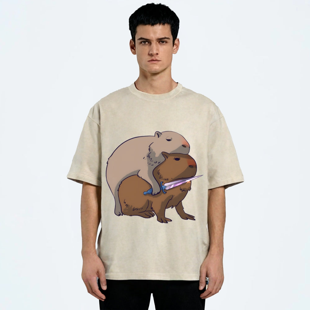 Capybaras and the Mysterious Sword Vintage Wash Japanese Design T-Shirt