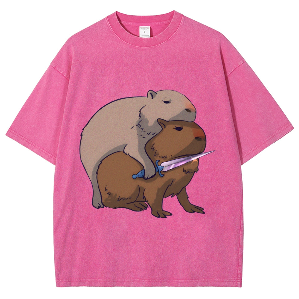 Capybaras and the Mysterious Sword Vintage Wash Japanese Design T-Shirt