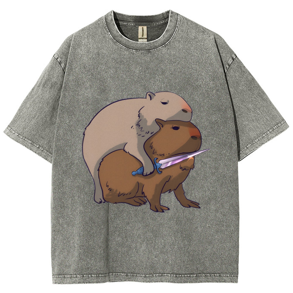 Capybaras and the Mysterious Sword Vintage Wash Japanese Design T-Shirt