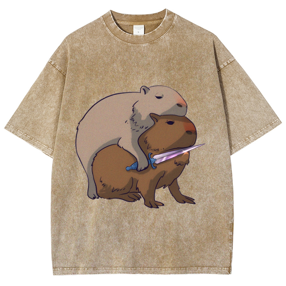Capybaras and the Mysterious Sword Vintage Wash Japanese Design T-Shirt