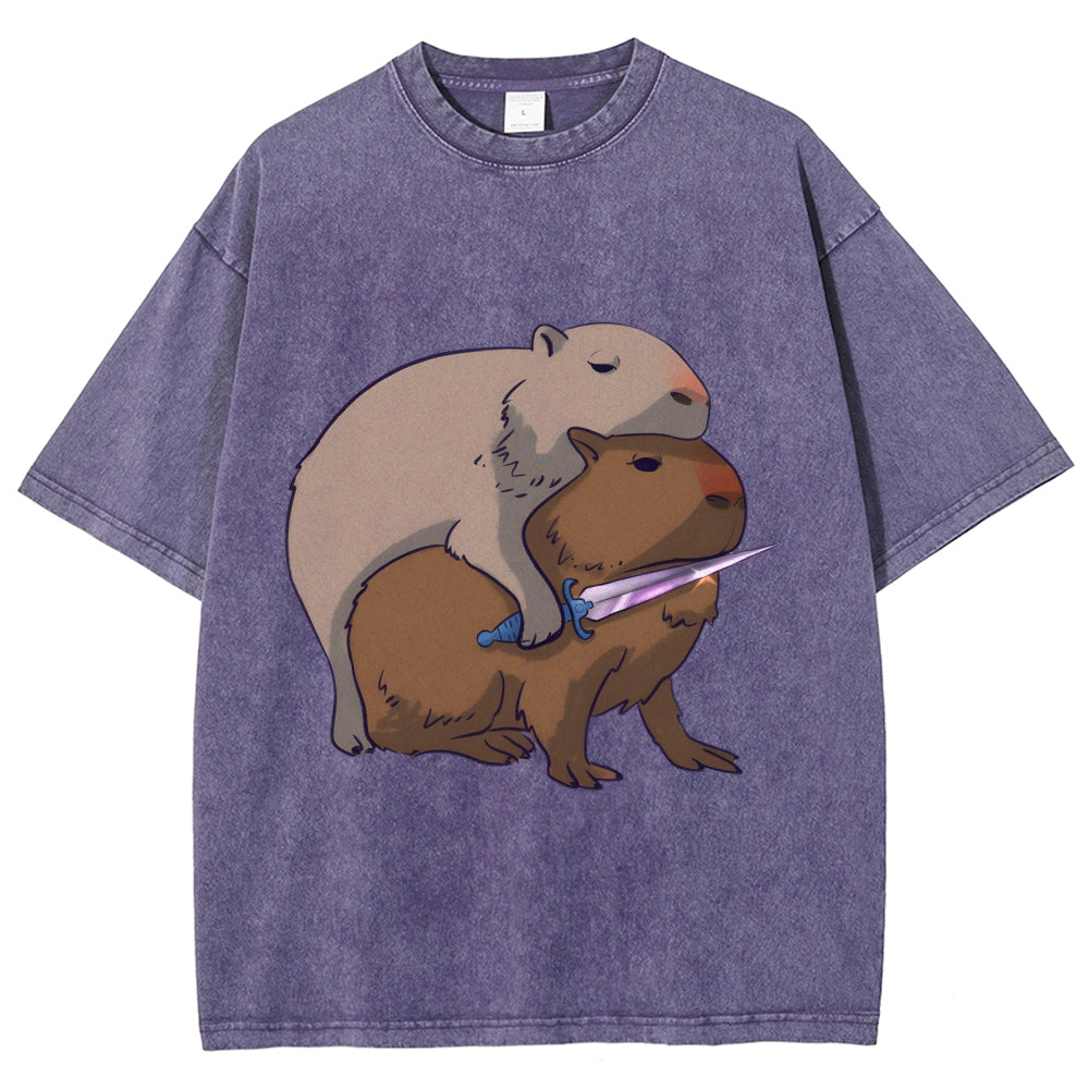 Capybaras and the Mysterious Sword Vintage Wash Japanese Design T-Shirt