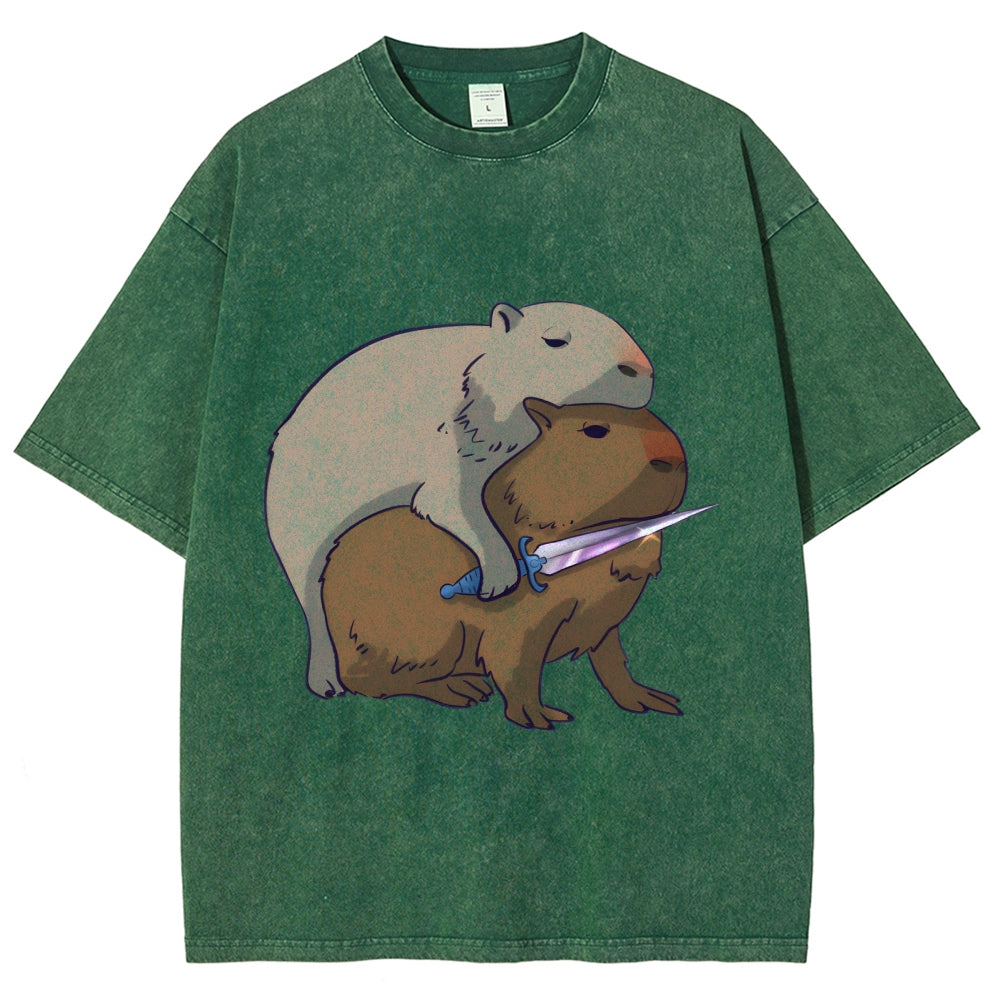 Capybaras and the Mysterious Sword Vintage Wash Japanese Design T-Shirt