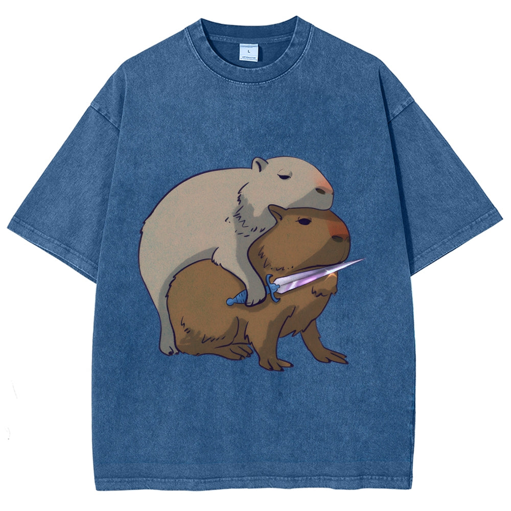 Capybaras and the Mysterious Sword Vintage Wash Japanese Design T-Shirt