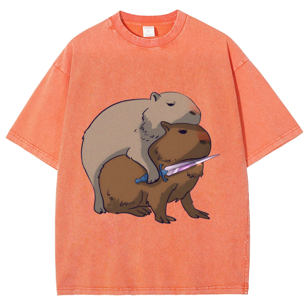 Capybaras and the Mysterious Sword Vintage Wash Japanese Design T-Shirt