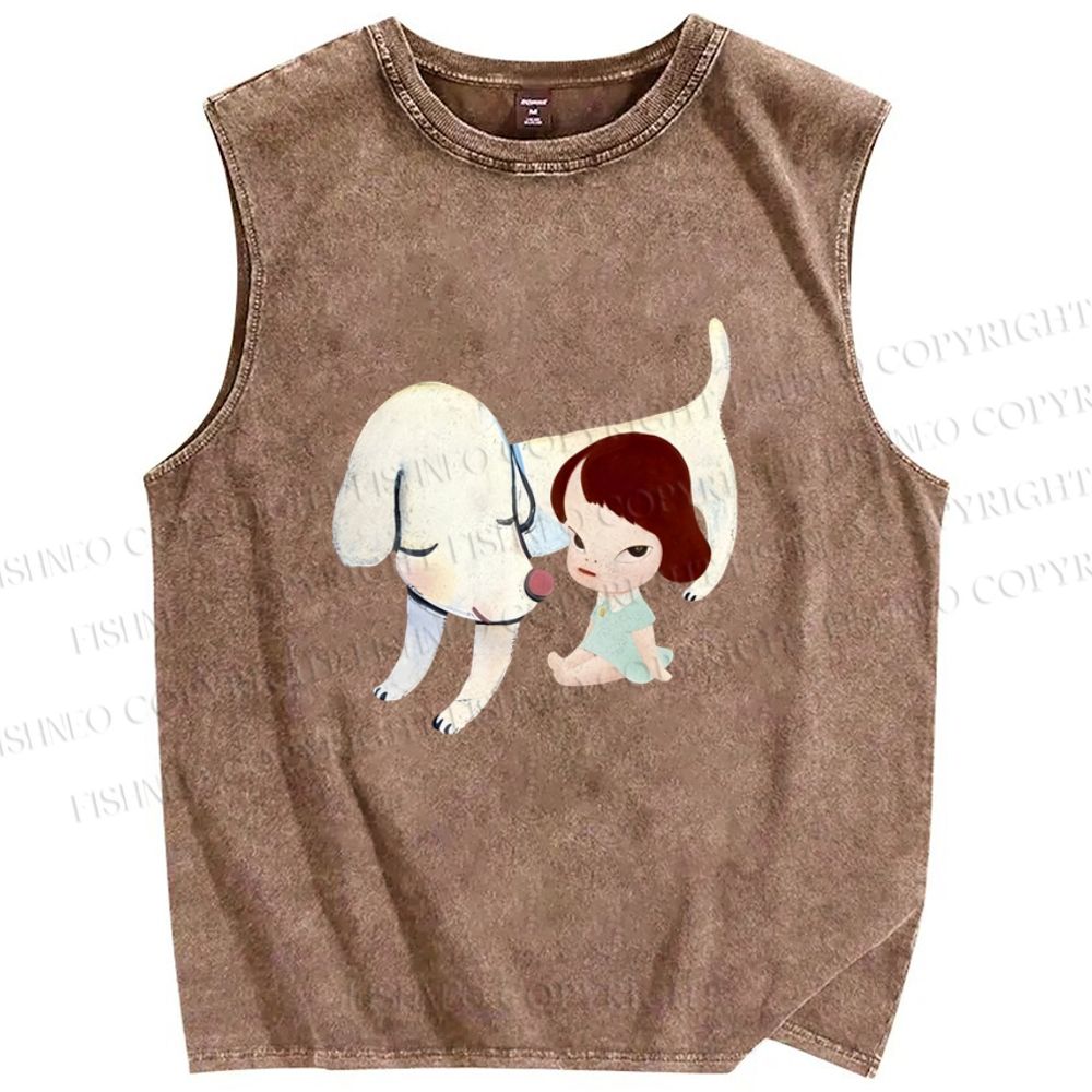 Unisex Yoshitomo Nara White Dog Printed Washed Tank Top
