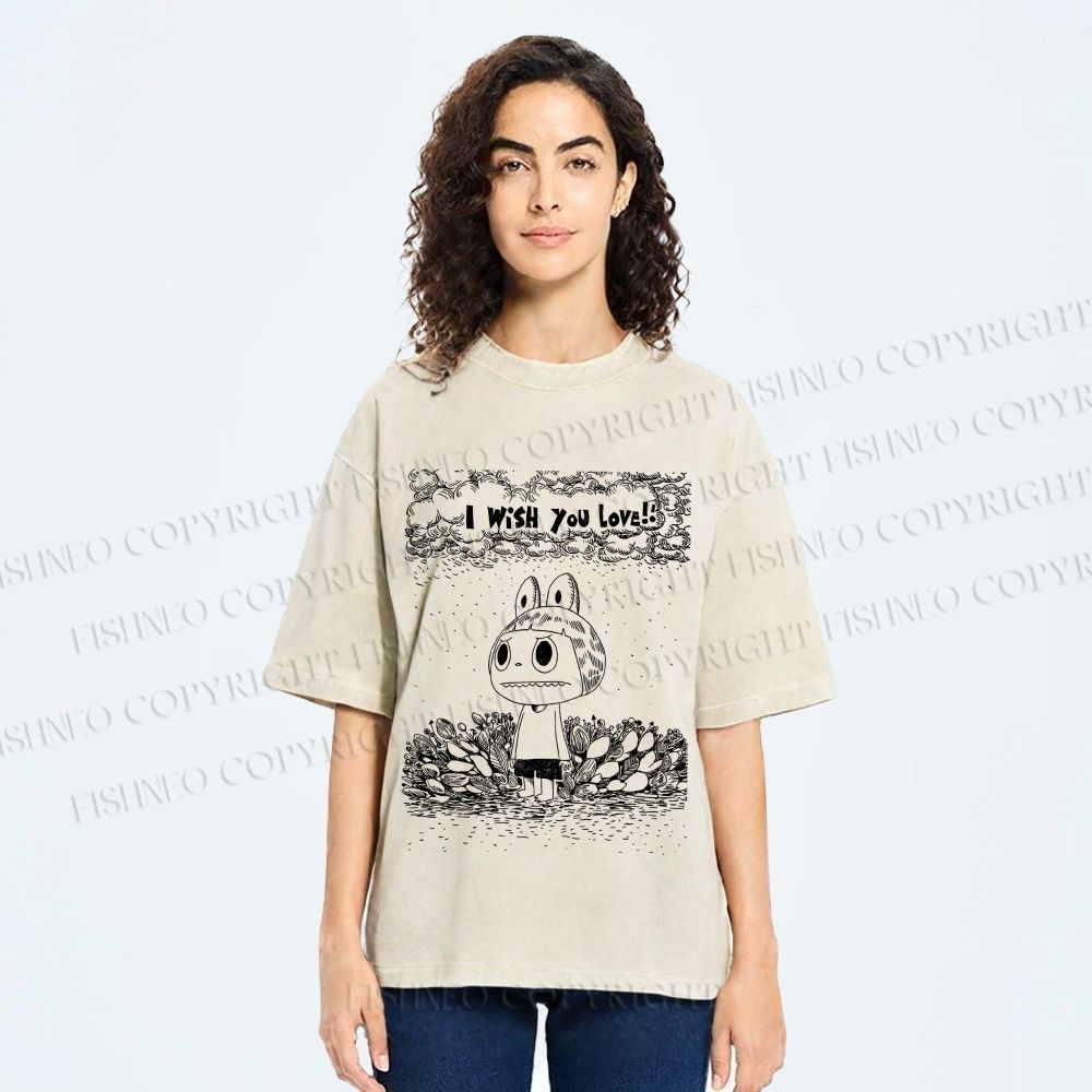 Unisex Labubu Wish You Love Printed Washed Tee