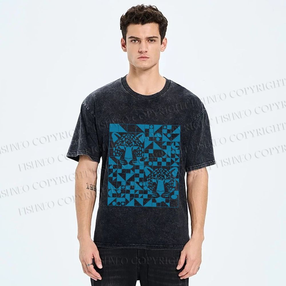Unisex Geometry Blue Panther Printed Washed Tee