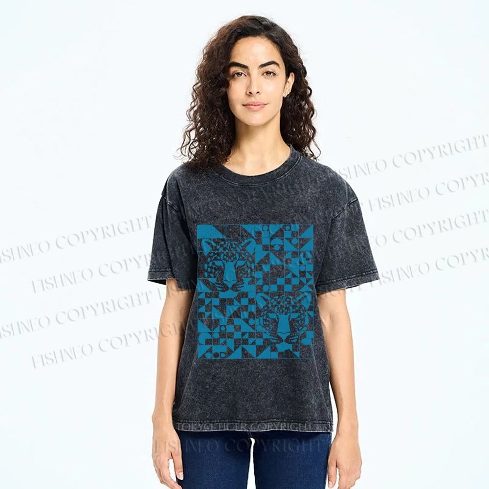 Unisex Geometry Blue Panther Printed Washed Tee