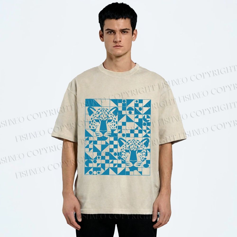 Unisex Geometry Blue Panther Printed Washed Tee
