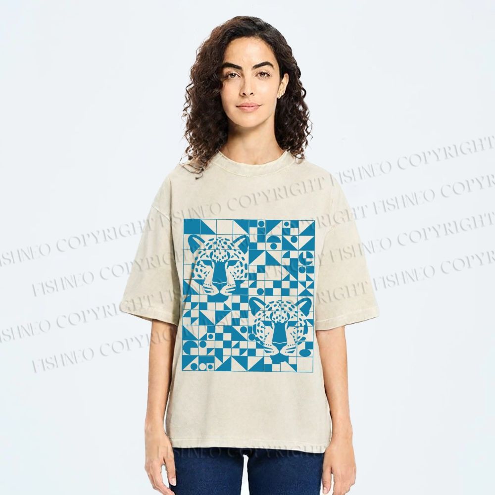 Unisex Geometry Blue Panther Printed Washed Tee