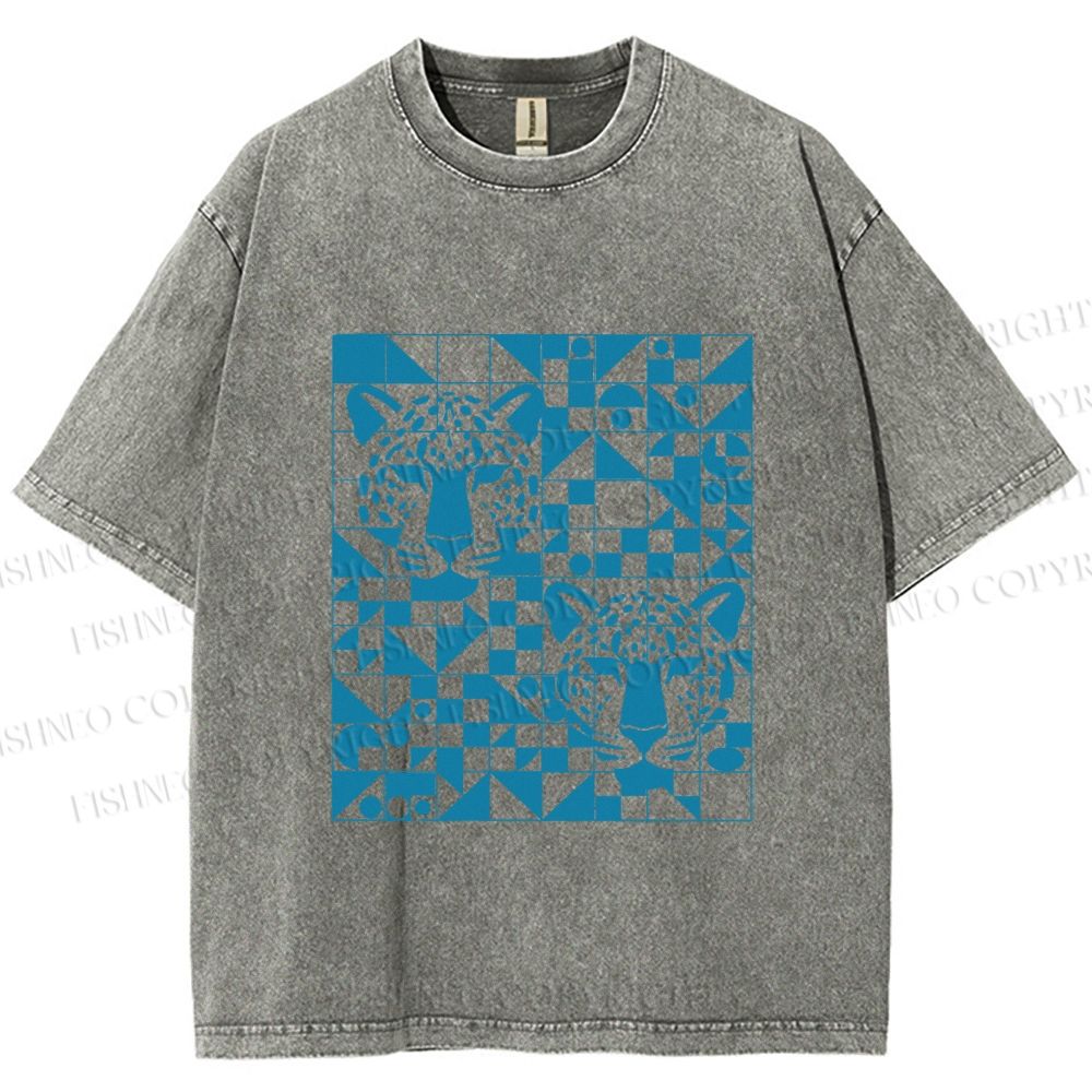 Unisex Geometry Blue Panther Printed Washed Tee