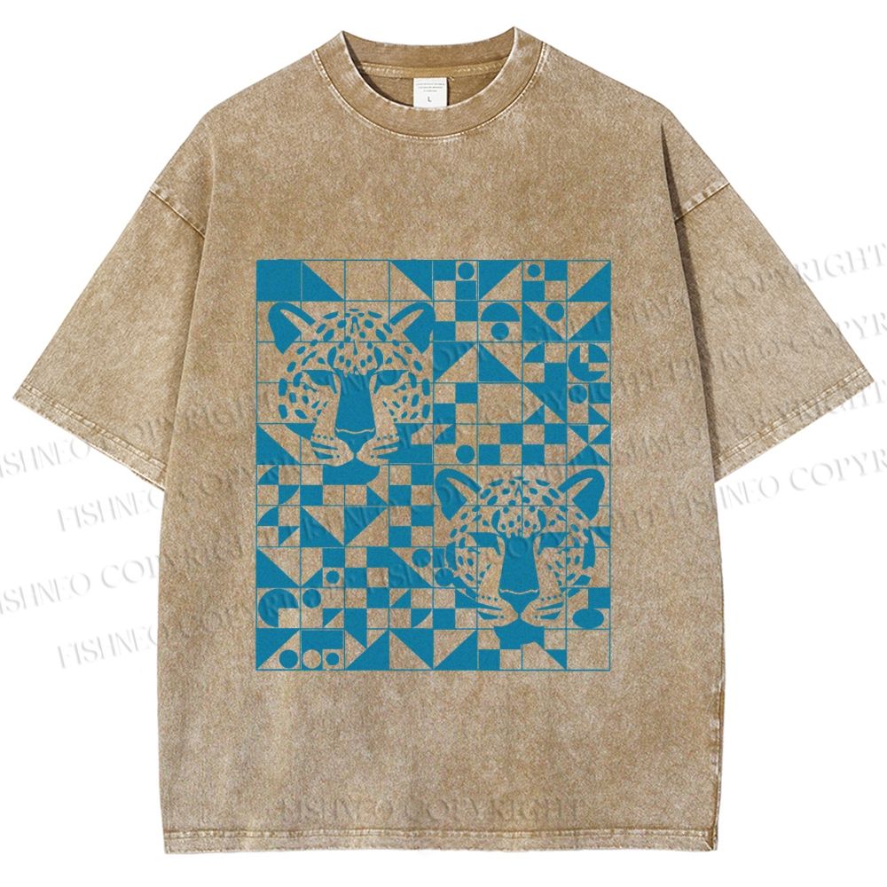 Unisex Geometry Blue Panther Printed Washed Tee