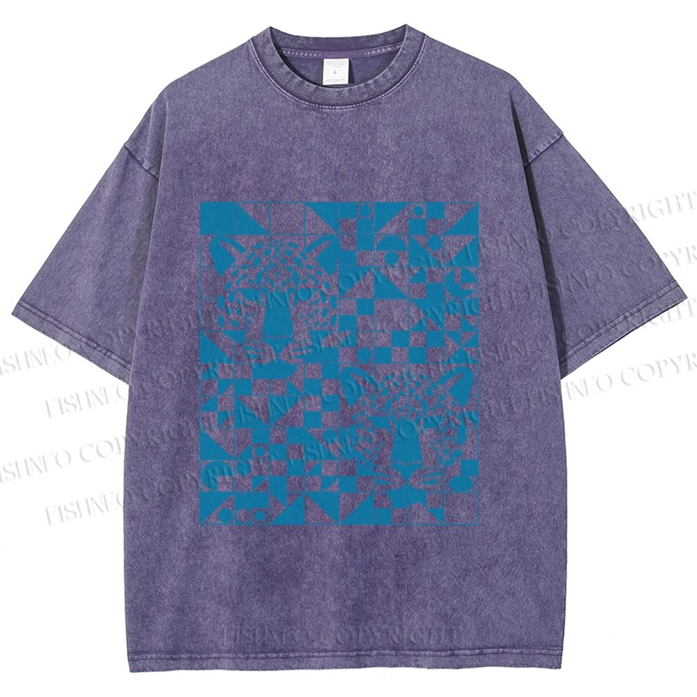 Unisex Geometry Blue Panther Printed Washed Tee