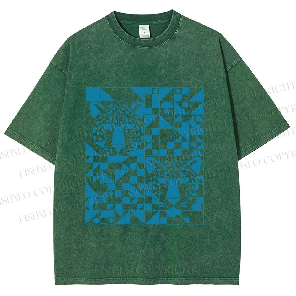 Unisex Geometry Blue Panther Printed Washed Tee