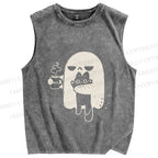 Unisex Ghost Cat Have Coffee Printed Washed Tank Top