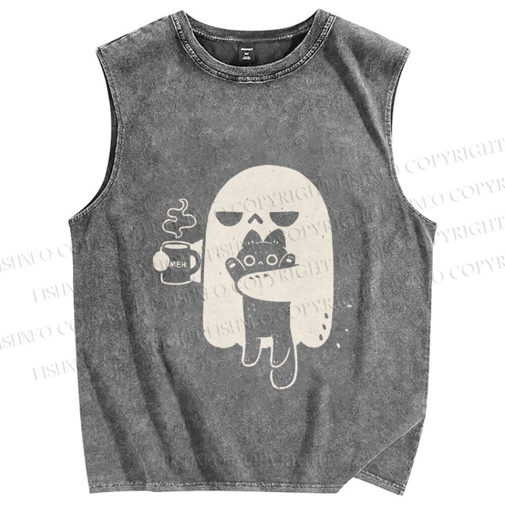 Unisex Ghost Cat Have Coffee Printed Washed Tank Top