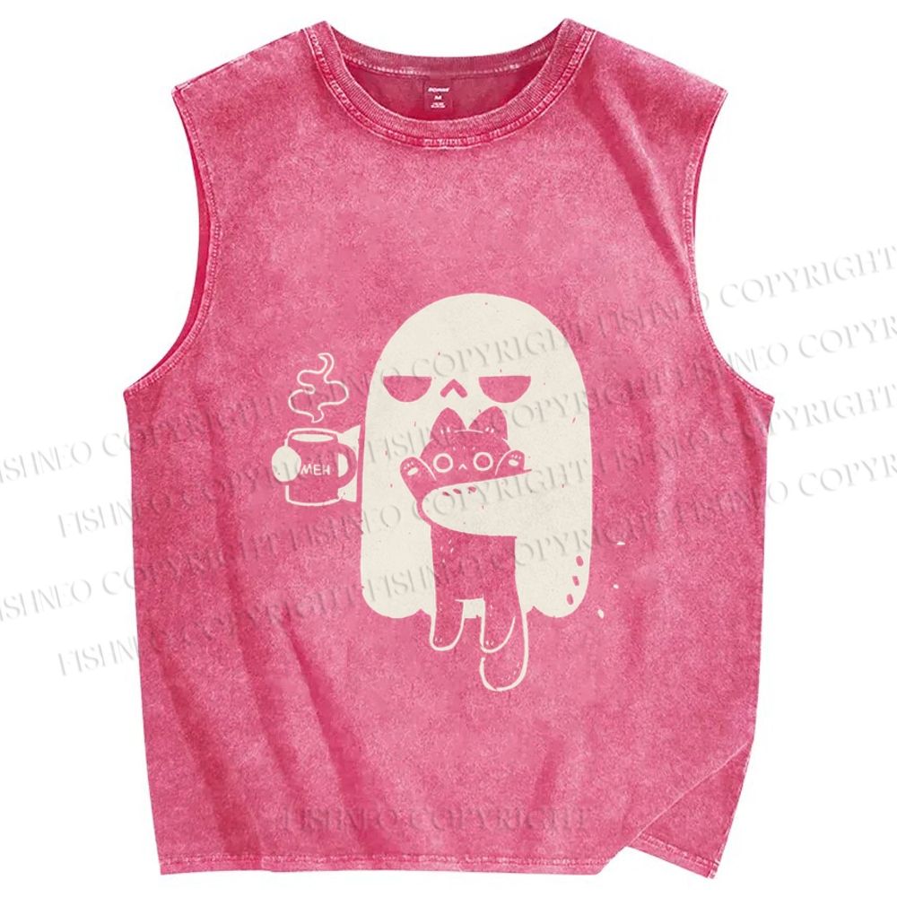 Unisex Ghost Cat Have Coffee Printed Washed Tank Top