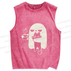 Unisex Ghost Cat Have Coffee Printed Washed Tank Top