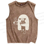 Unisex Ghost Cat Have Coffee Printed Washed Tank Top