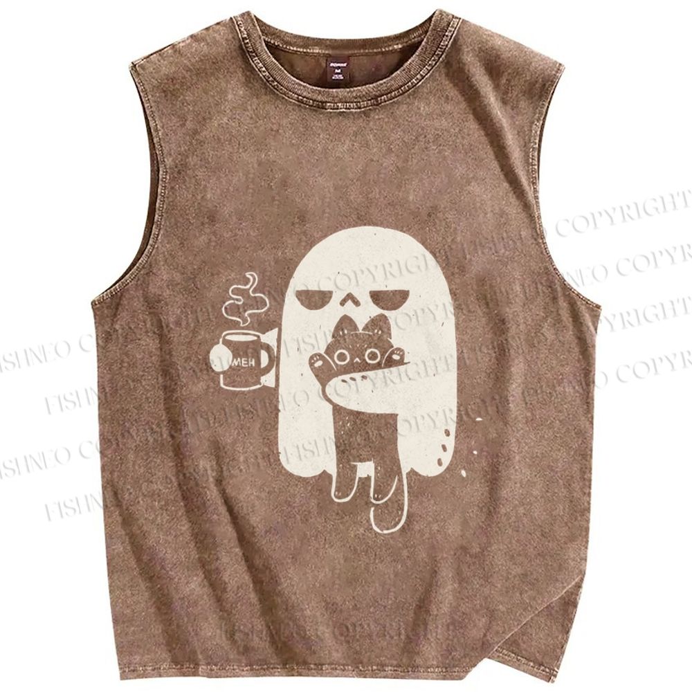 Unisex Ghost Cat Have Coffee Printed Washed Tank Top