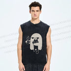 Unisex Ghost Cat Have Coffee Printed Washed Tank Top
