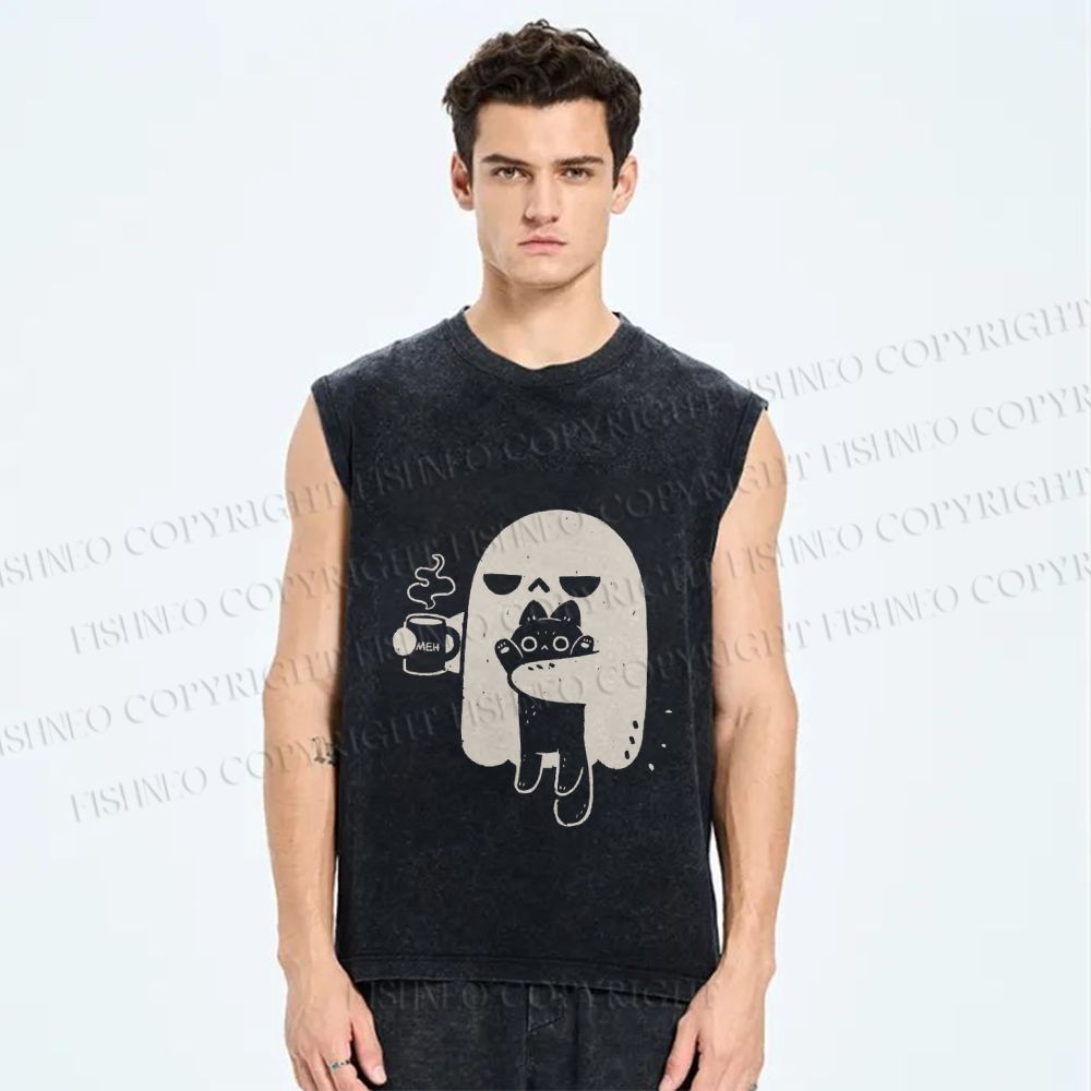 Unisex Ghost Cat Have Coffee Printed Washed Tank Top