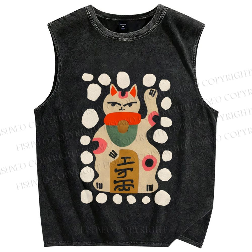Unisex Fortune Cat Printed Washed Tank Top
