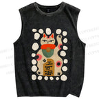 Unisex Fortune Cat Printed Washed Tank Top