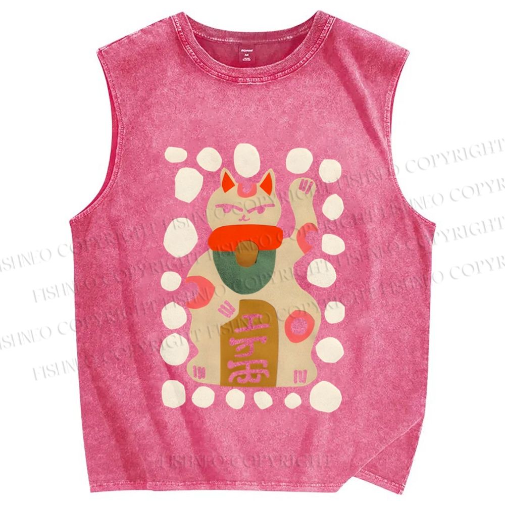 Unisex Fortune Cat Printed Washed Tank Top