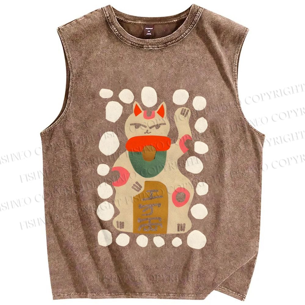 Unisex Fortune Cat Printed Washed Tank Top