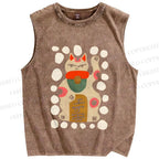 Unisex Fortune Cat Printed Washed Tank Top
