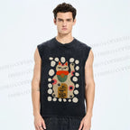 Unisex Fortune Cat Printed Washed Tank Top