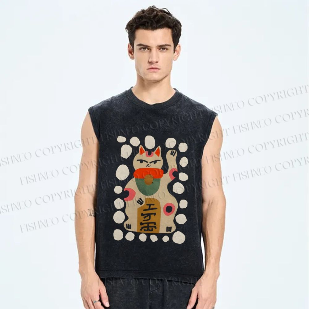 Unisex Fortune Cat Printed Washed Tank Top