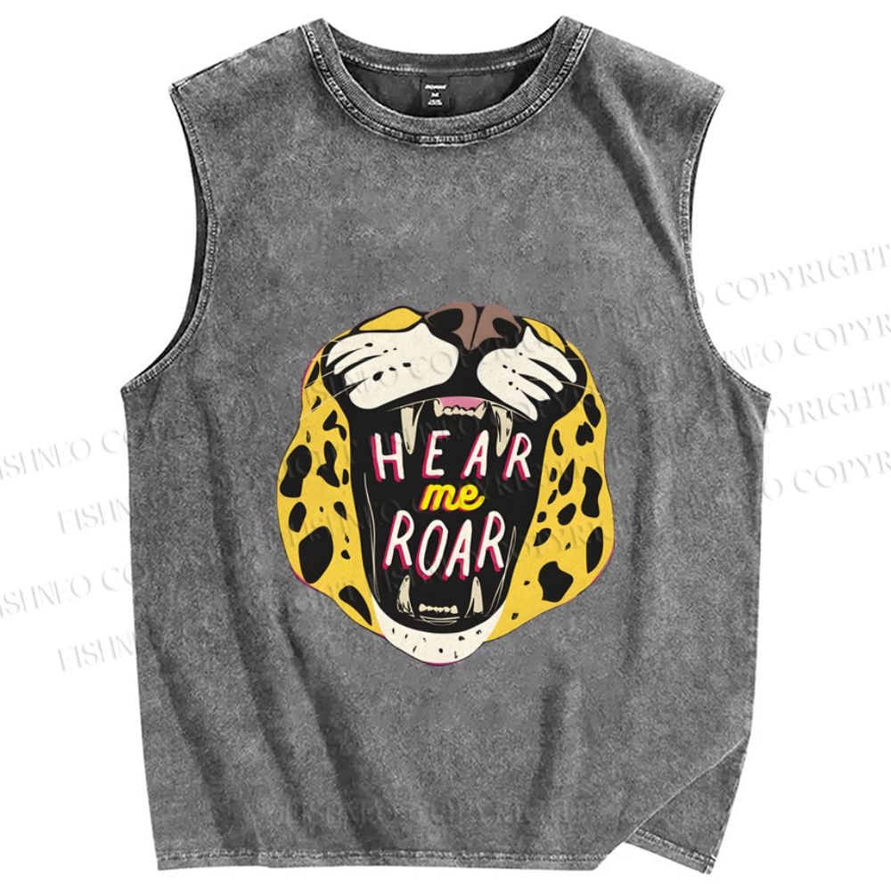 Unisex Hear Me Roar Panther Printed Washed Tank Top