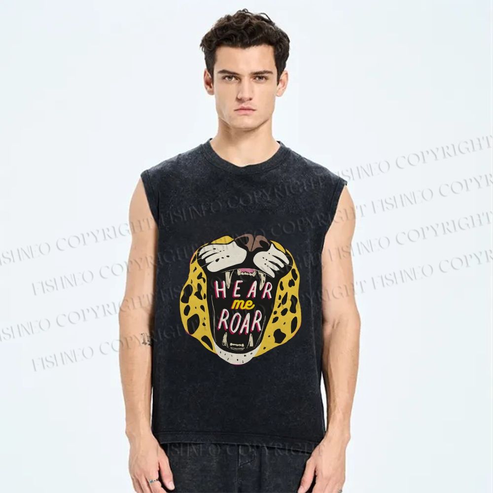 Unisex Hear Me Roar Panther Printed Washed Tank Top