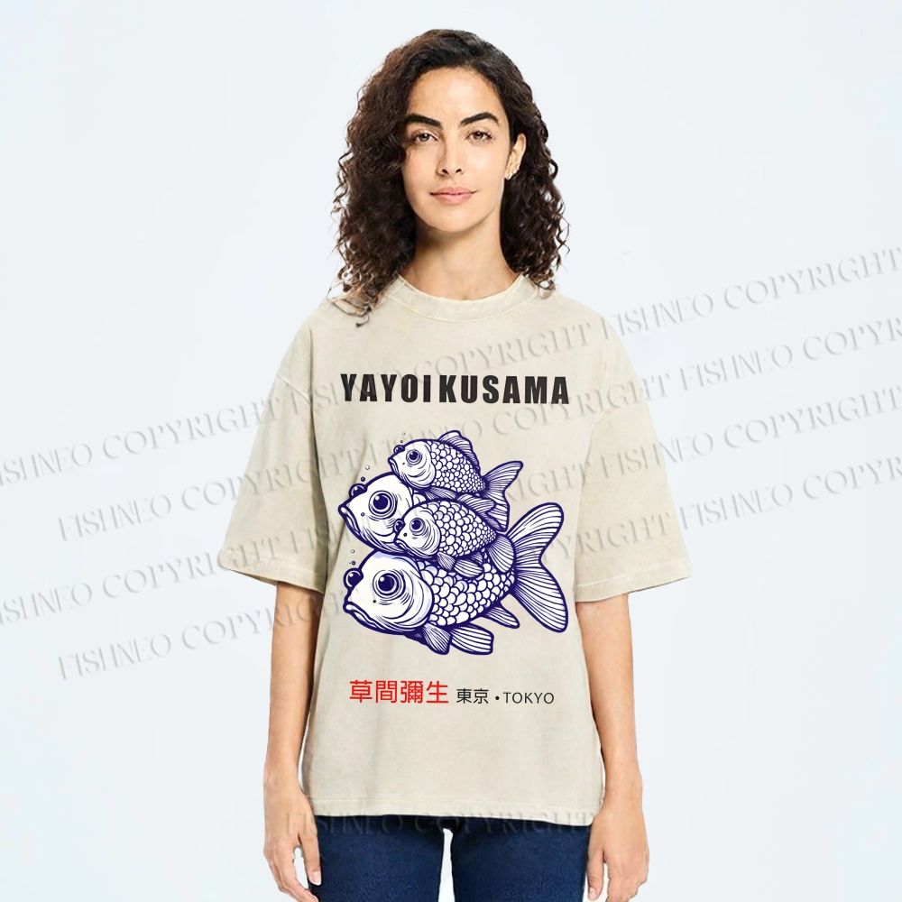 Unisex Yayoi Kusama Fish Printed Washed Tee