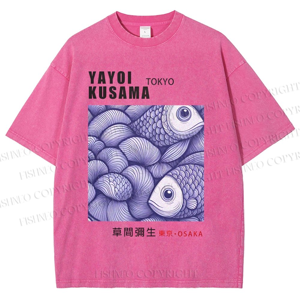 Unisex Yayoi Kusama Vintage Fish Printed Washed Tee