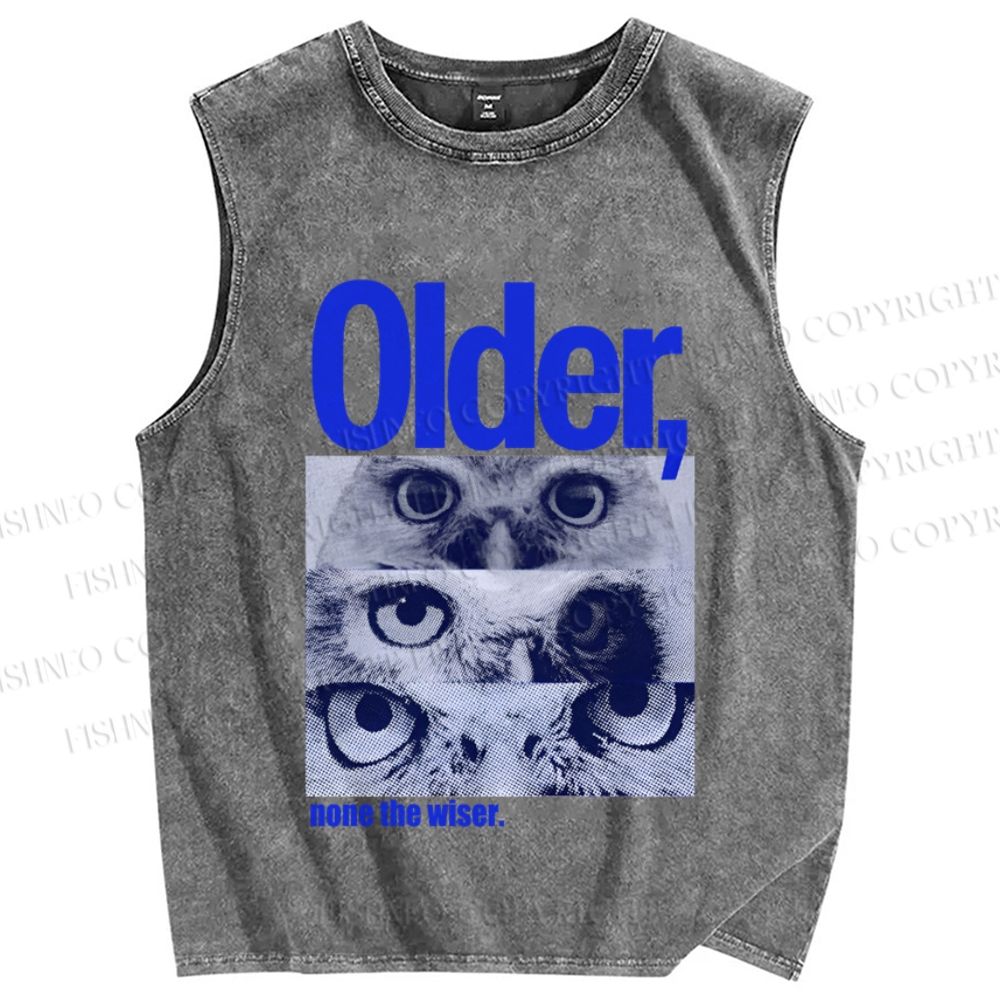 Unisex Older, none the wiser Owl Printed Washed Tank Top