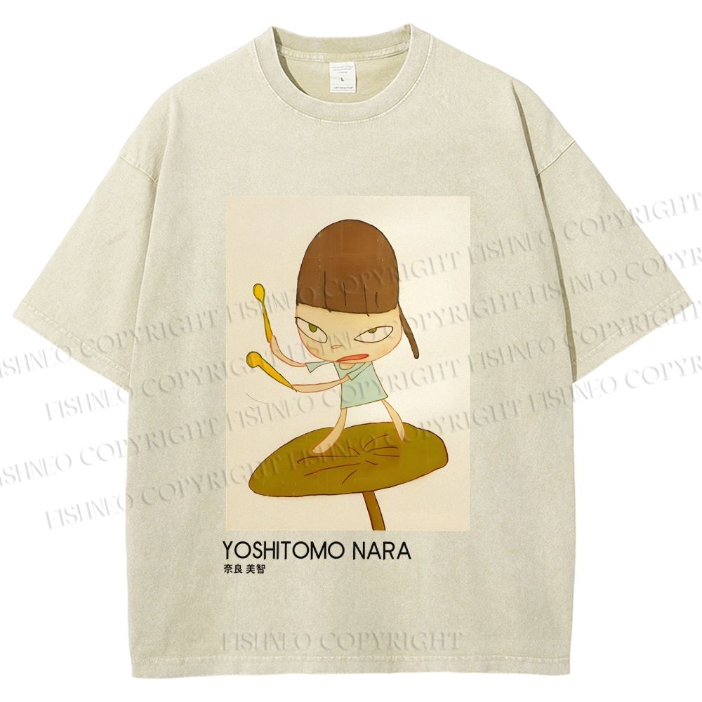 Unisex Yoshitomo Nara Girl On A Lotus Leaf Printed Washed Tee