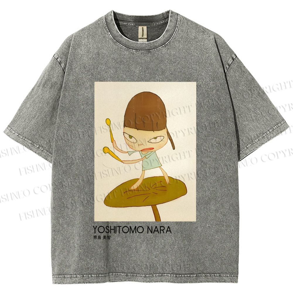 Unisex Yoshitomo Nara Girl On A Lotus Leaf Printed Washed Tee