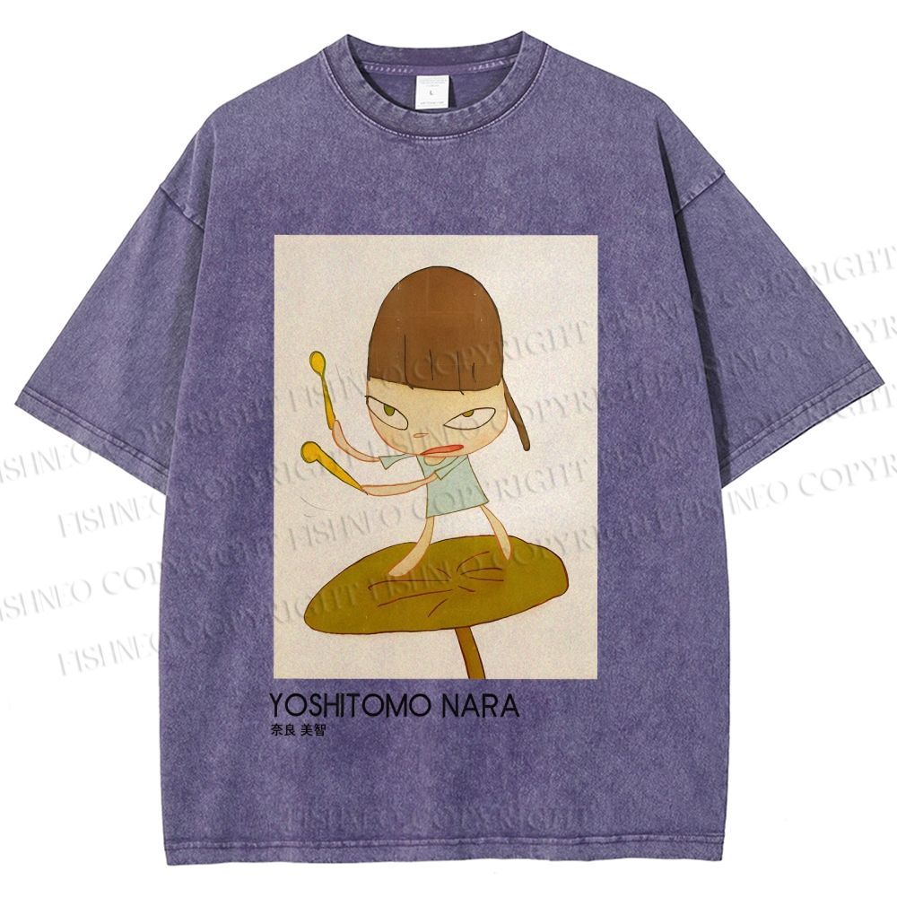 Unisex Yoshitomo Nara Girl On A Lotus Leaf Printed Washed Tee