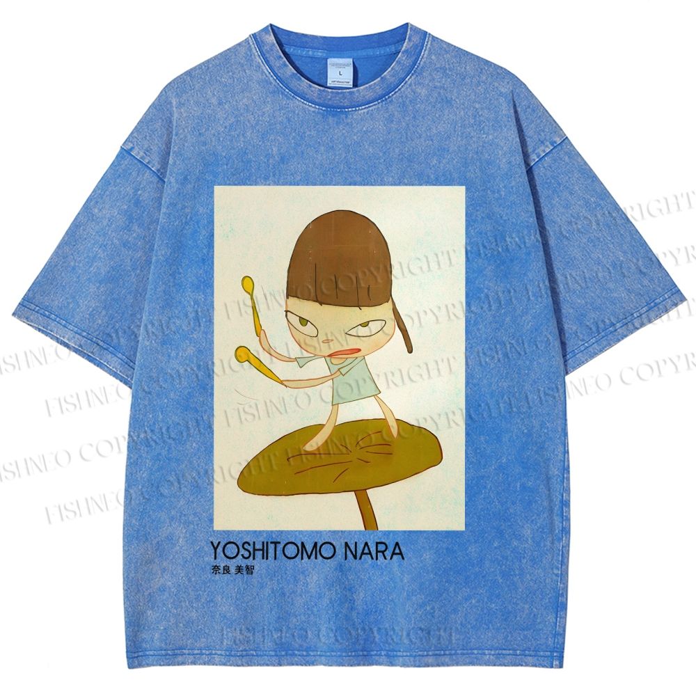 Unisex Yoshitomo Nara Girl On A Lotus Leaf Printed Washed Tee