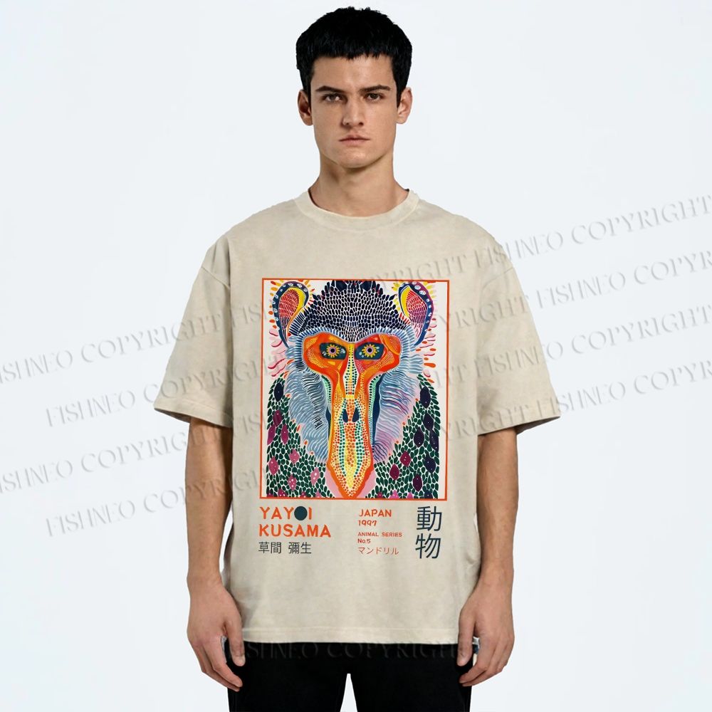 Unisex Yayoi Kusama Colorful Art Monkey Printed Washed Tee
