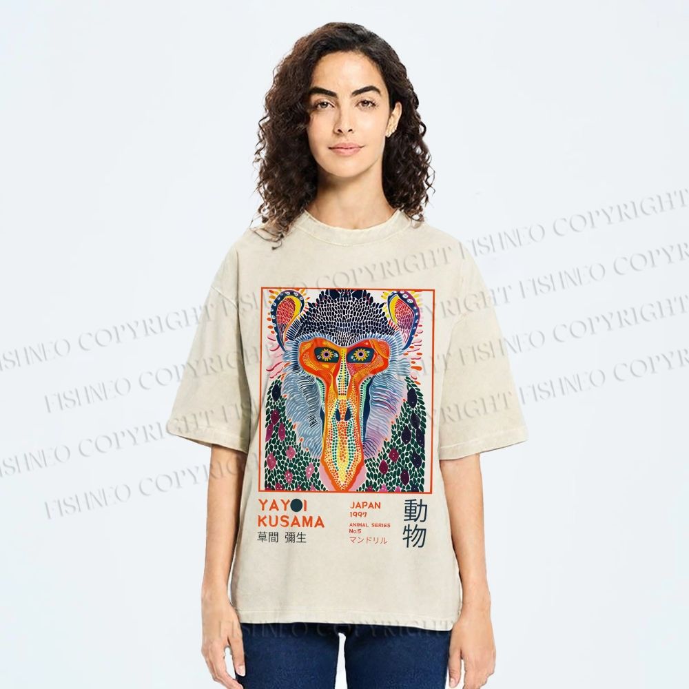 Unisex Yayoi Kusama Colorful Art Monkey Printed Washed Tee