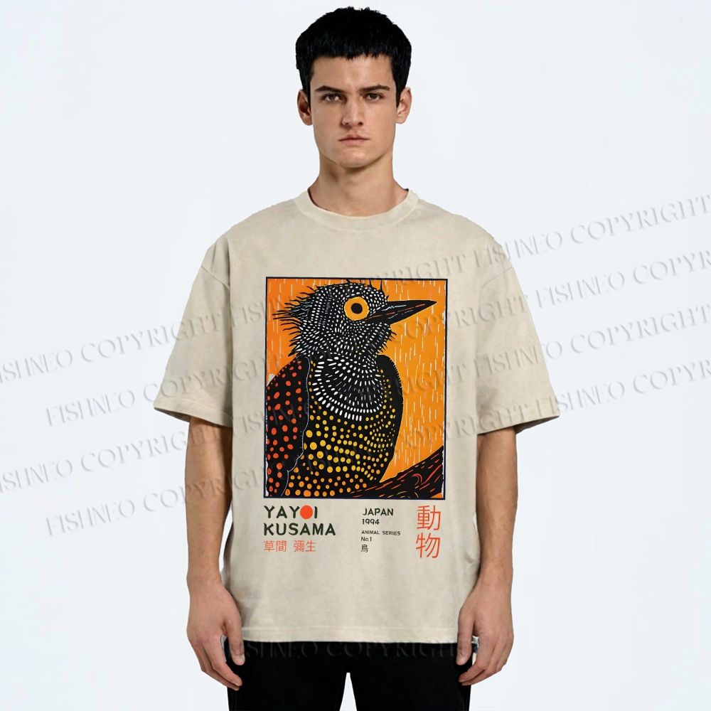 Unisex Yayoi Kusama Colorful Art Bird Printed Washed Tee