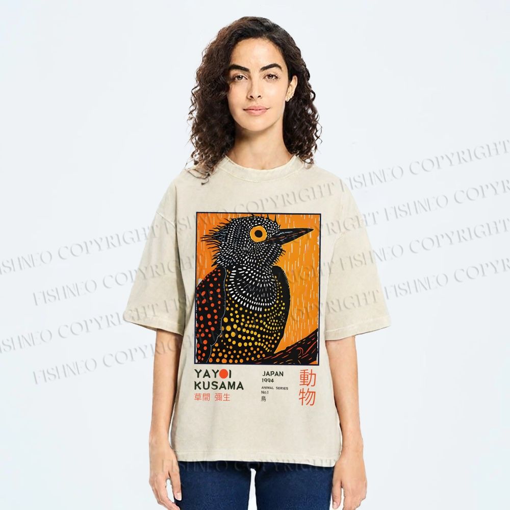 Unisex Yayoi Kusama Colorful Art Bird Printed Washed Tee